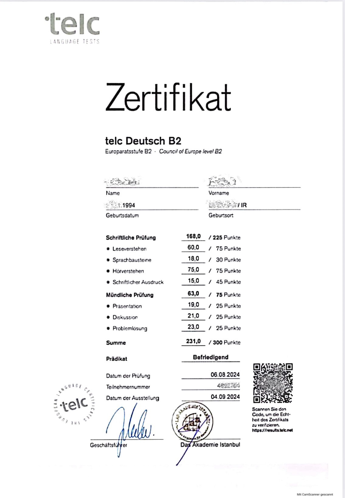 Sprachzertifikat einer Absolventin der Dalan Sprachschule