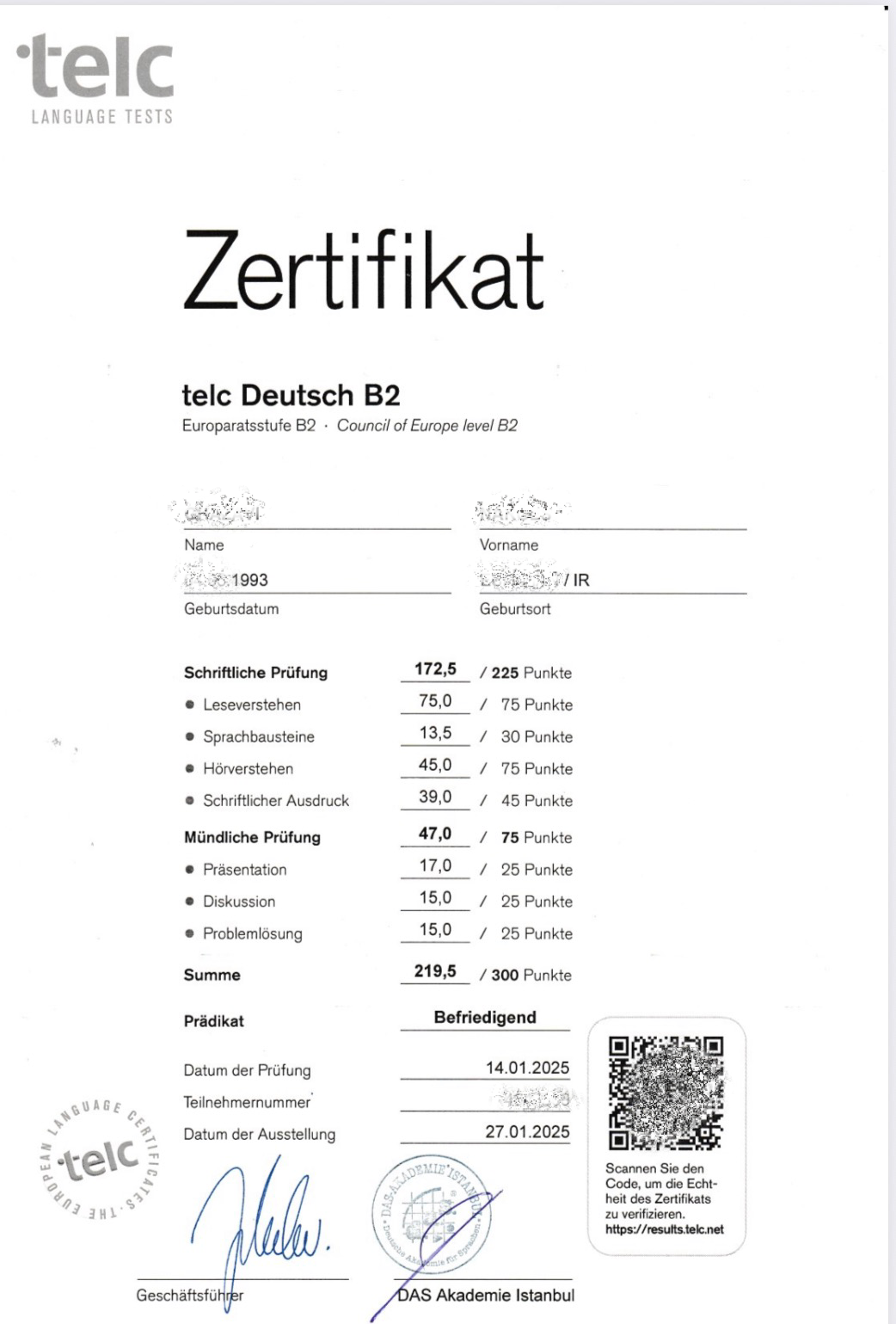 Sprachzertifikat einer Absolventin der Dalan Sprachschule