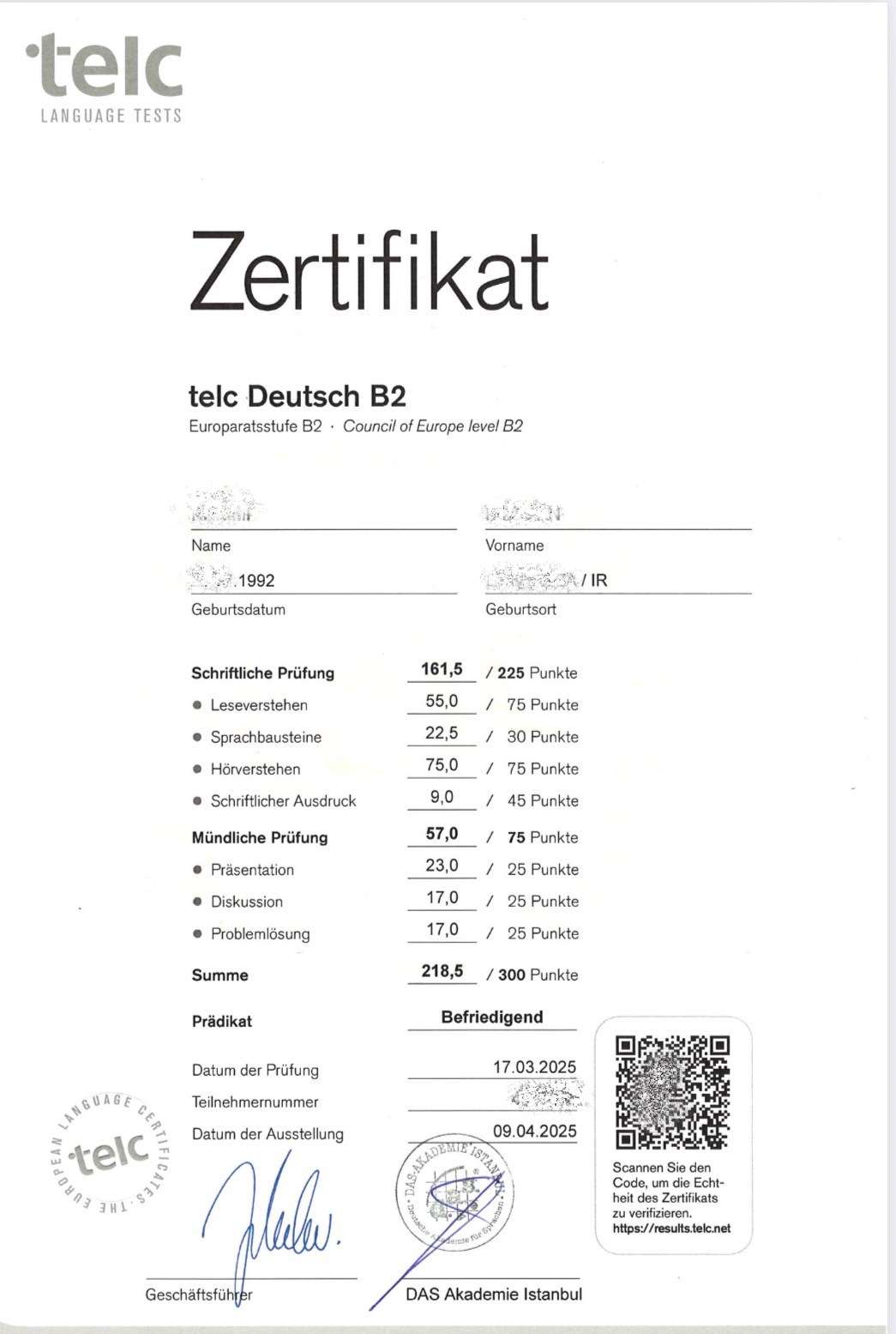 Sprachzertifikat einer Absolventin der Dalan Sprachschule