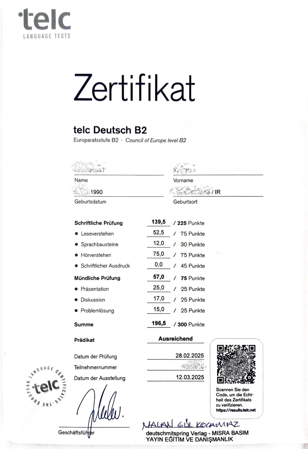 Sprachzertifikat einer Absolventin der Dalan Sprachschule