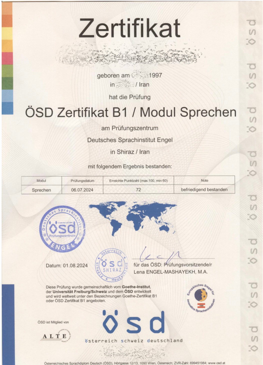 Sprachzertifikat einer Absolventin der Dalan Sprachschule
