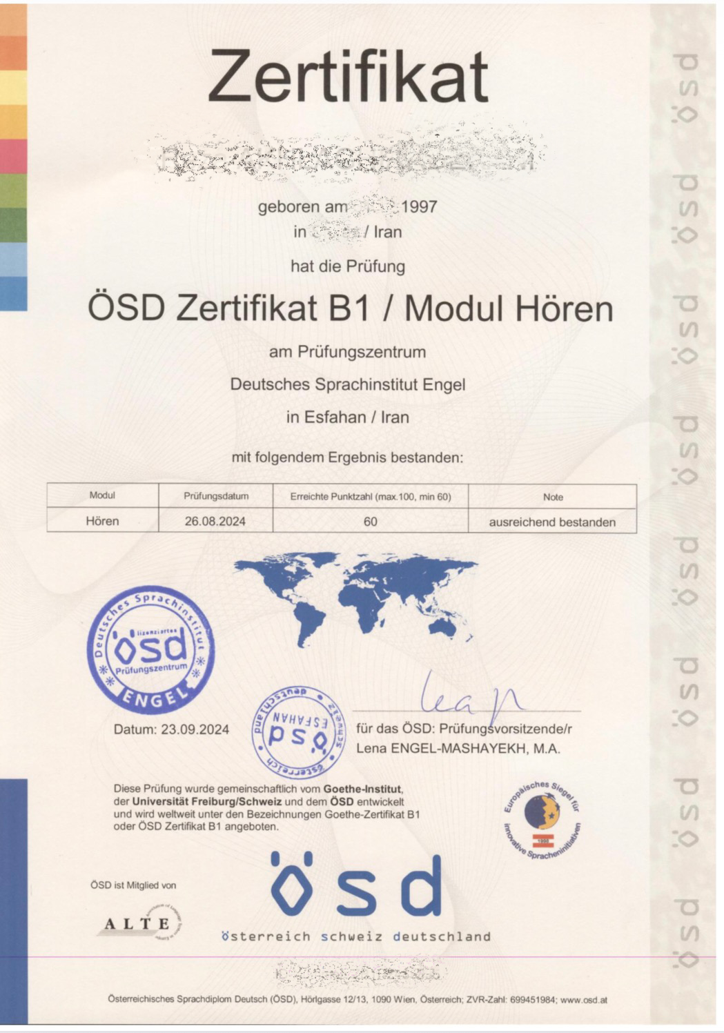 Sprachzertifikat einer Absolventin der Dalan Sprachschule