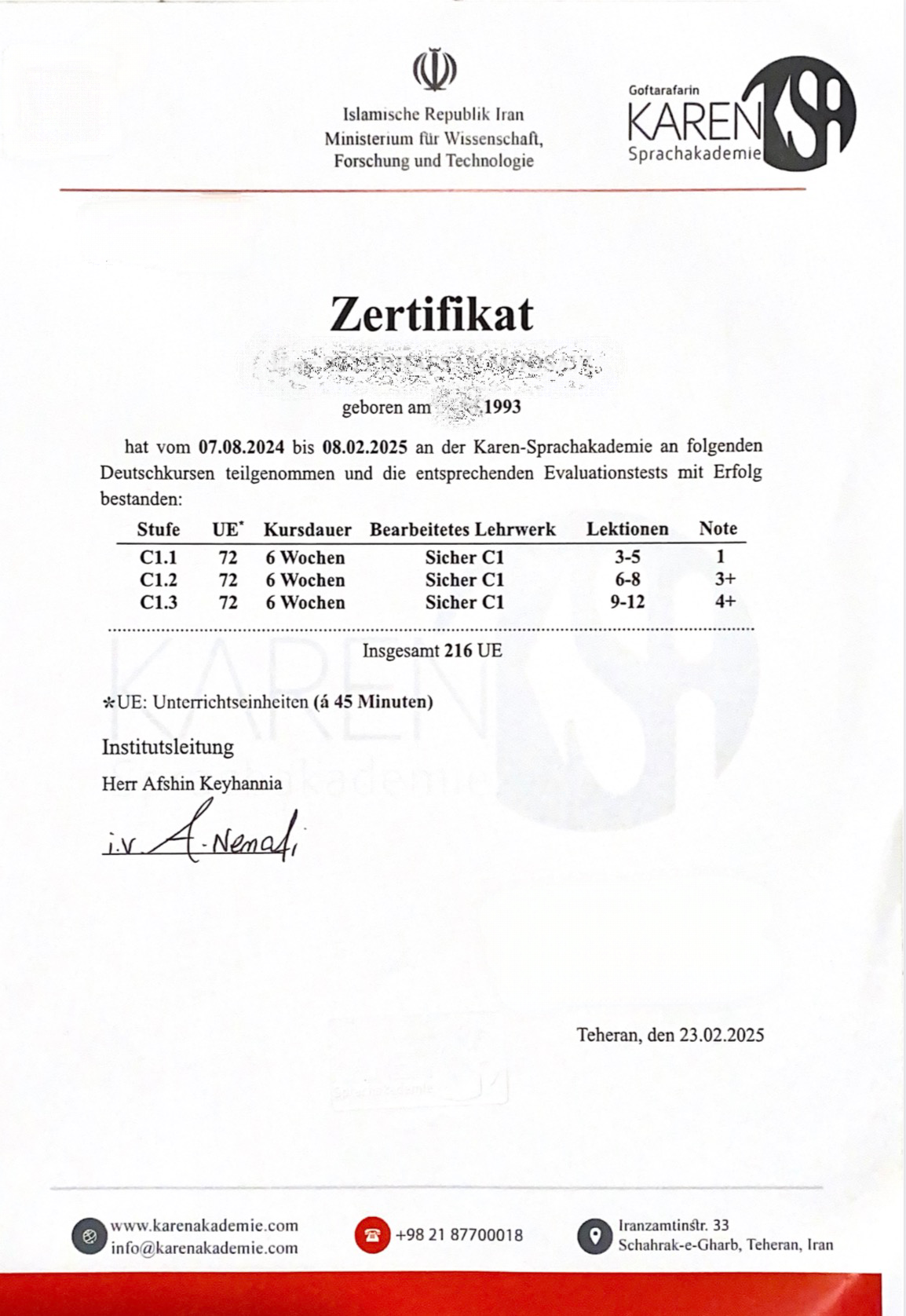 Sprachzertifikat einer Absolventin der Dalan Sprachschule