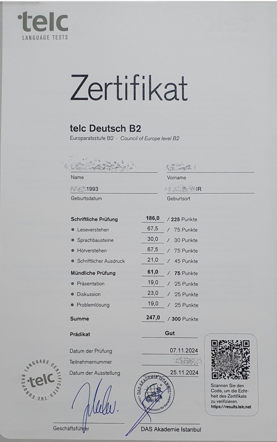 Sprachzertifikat einer Absolventin der Dalan Sprachschule
