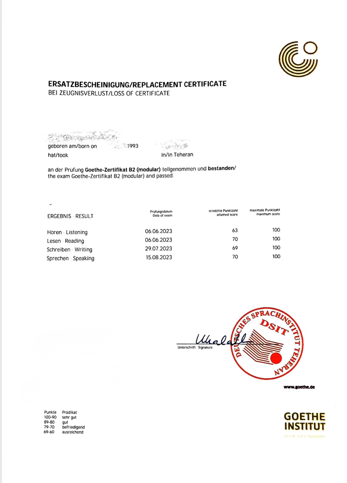 Sprachzertifikat einer Absolventin der Dalan Sprachschule